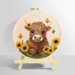 Fluffy brown highland cow and sunflowers punch needle kit for beginners