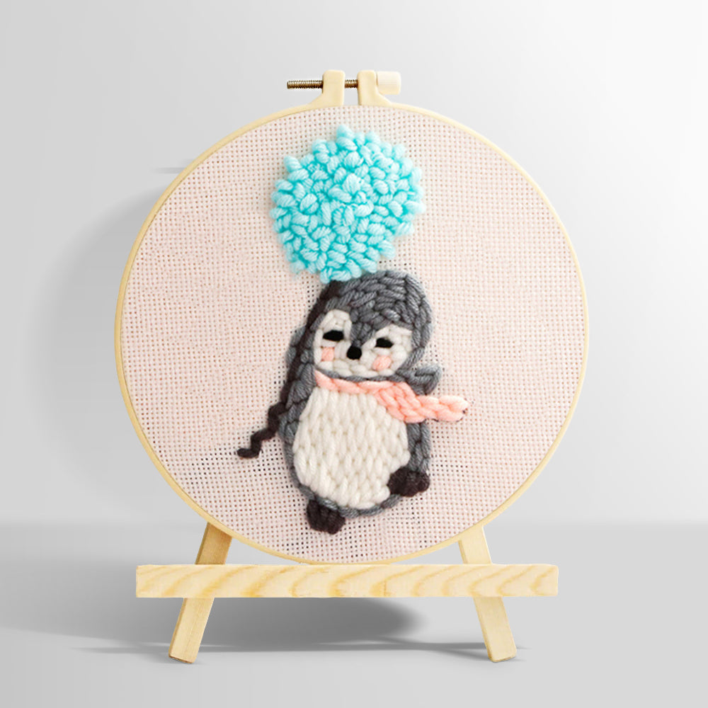 Penguin with blue balloon pom punch needle kit for beginner